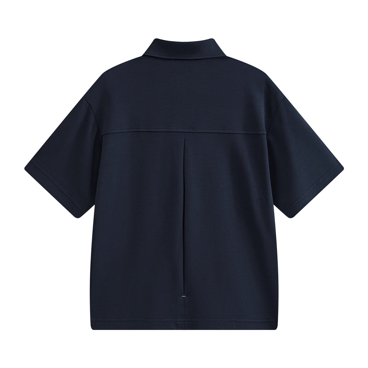 Back view of a dark navy short-sleeve polo shirt with a collar, horizontal yoke seam, and center pleat.