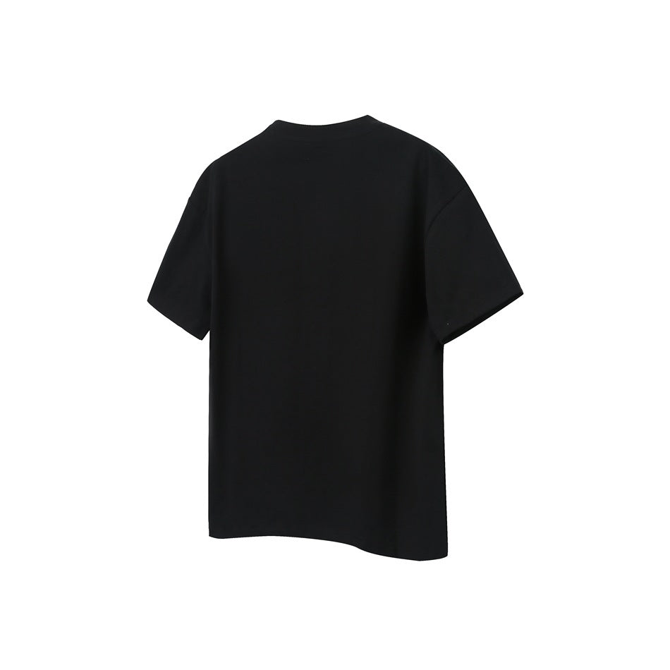 Plain black short-sleeve T-shirt shown from the back against a white background.