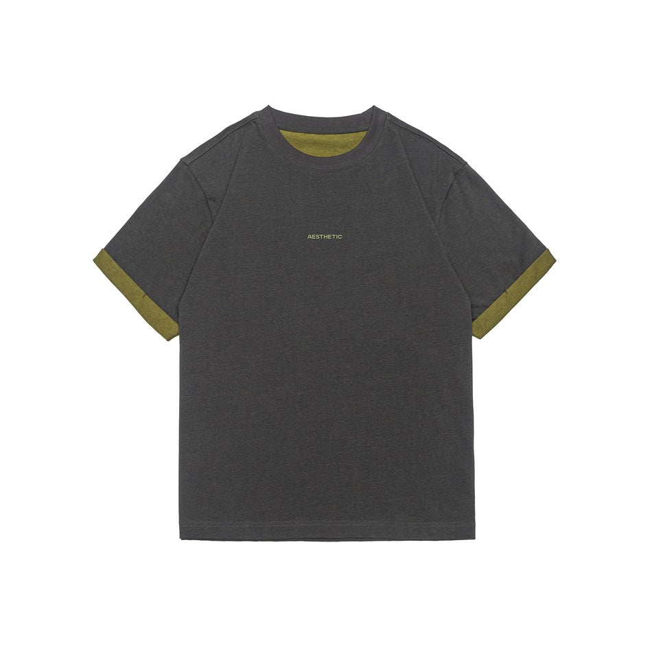 Charcoal short-sleeve crew neck T-shirt with olive-green contrast cuffs and inner neckline, small chest lettering