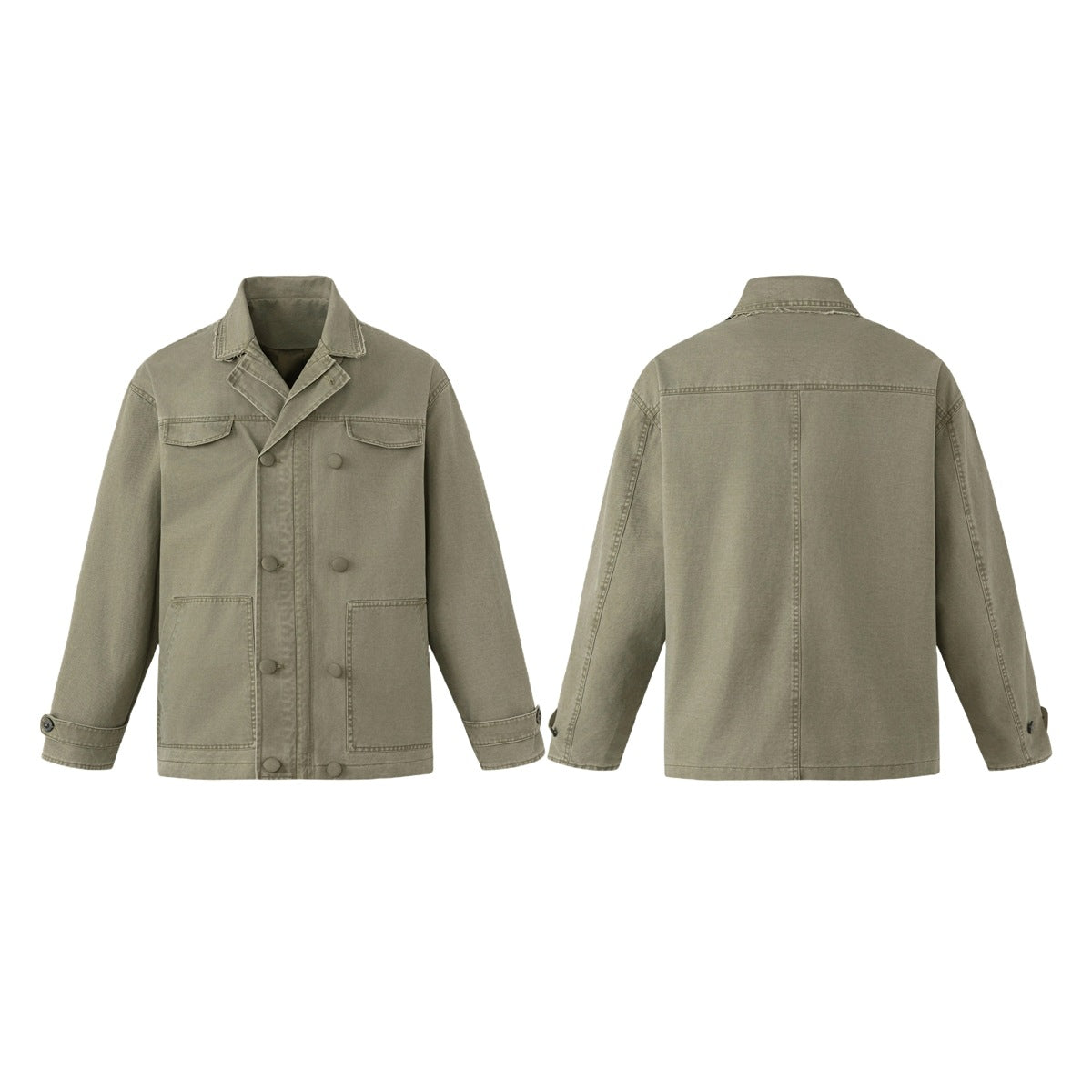 Olive utility jacket shown from the front and back, with a pointed collar, button front, chest flaps and large lower pockets.