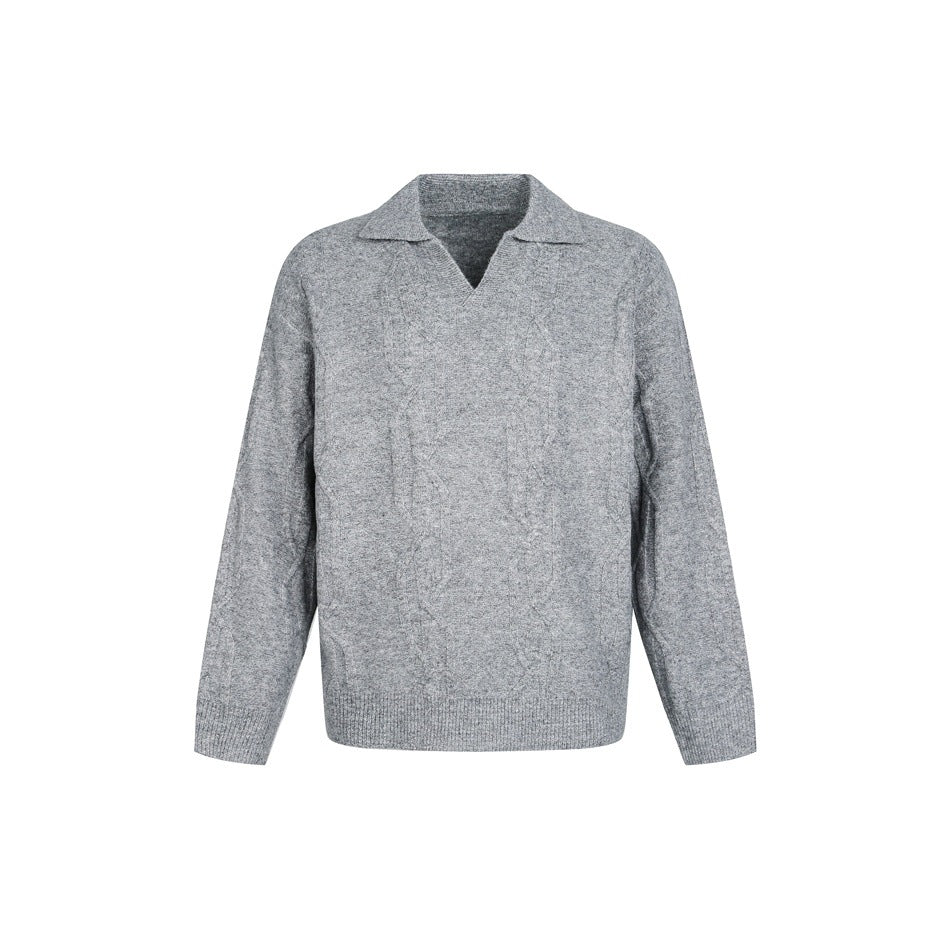 Gray cable-knit pullover sweater with a turn-down collar and V-neck, flat front view