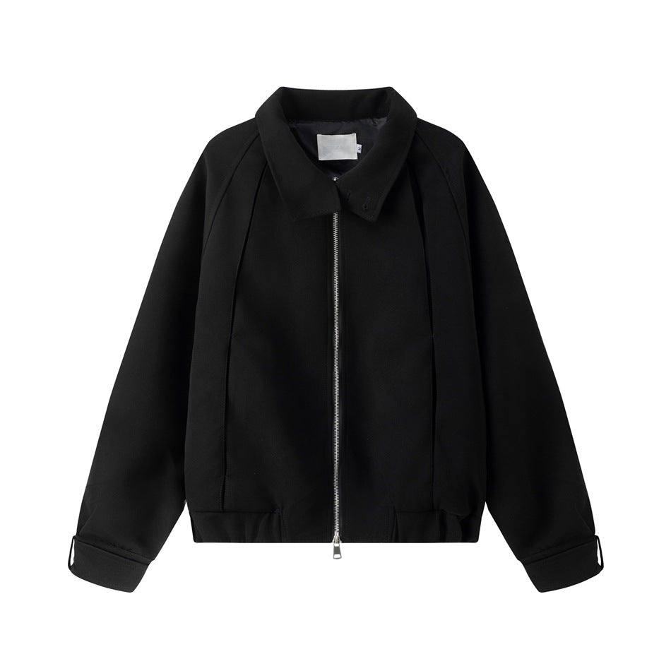Black full-zip jacket with fold-over collar, raglan sleeves, cuff tabs and elastic hem, flat front view