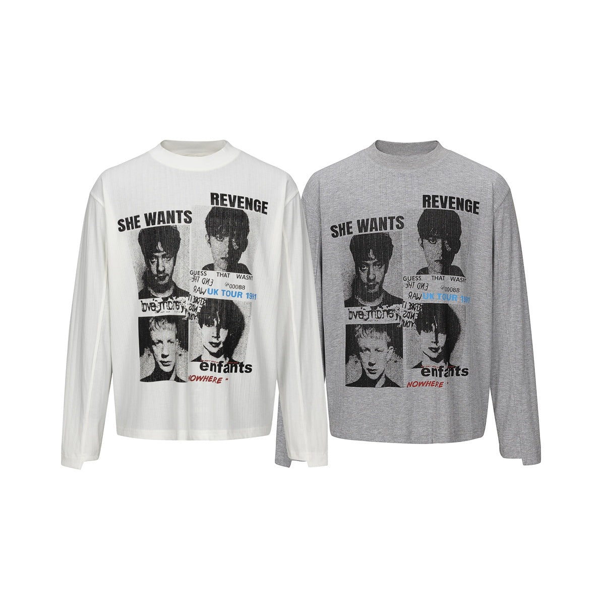 White and heather-gray long-sleeve crew-neck shirts displayed side by side, both with large collage graphics.
