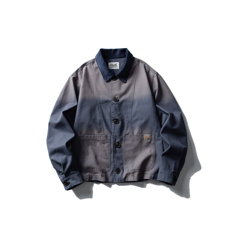 Blue and gray gradient washed button-front jacket with navy ribbed collar and two patch pockets, flat lay