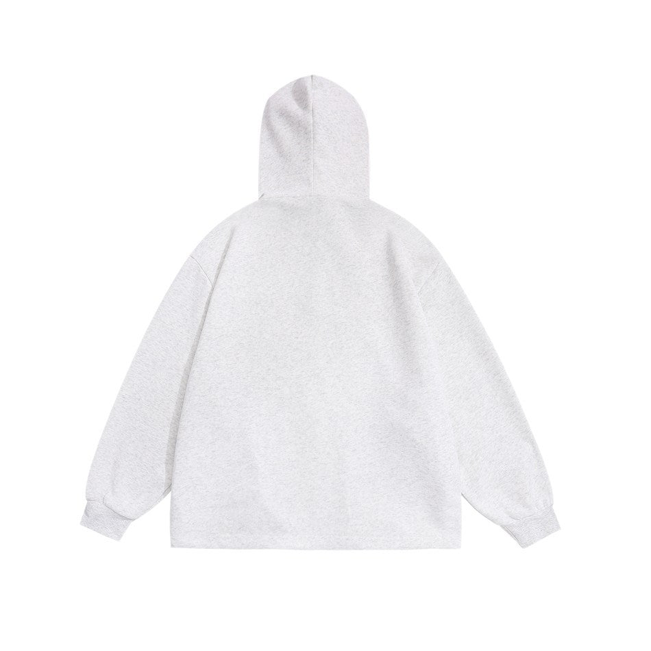 Back view of a light gray hoodie with a plain back, hood, long sleeves, and ribbed cuffs.