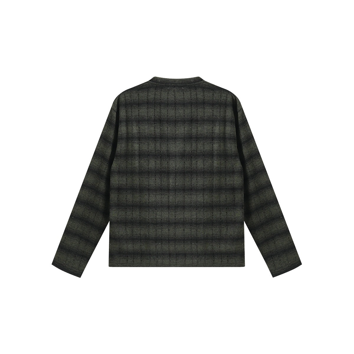 Back view of a dark olive long-sleeve crewneck shirt with a subtle check pattern.
