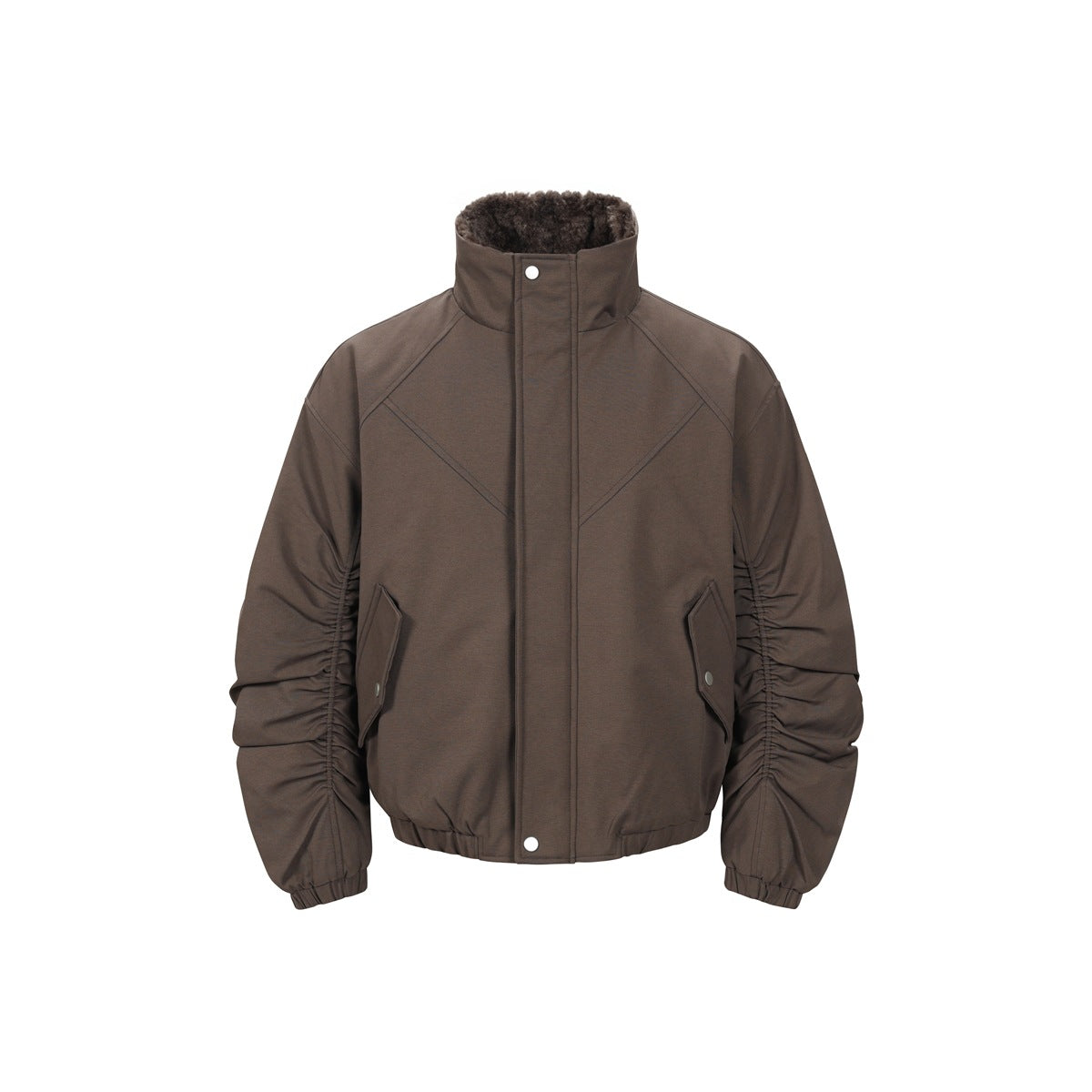 Brown stand-collar jacket flat front view with zip placket, flap pockets, ruched sleeves and brown pile collar lining