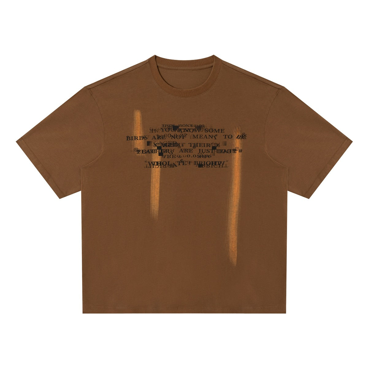 Brown short-sleeve crew-neck T-shirt with black glitch text print and orange brushed streaks, flat front view