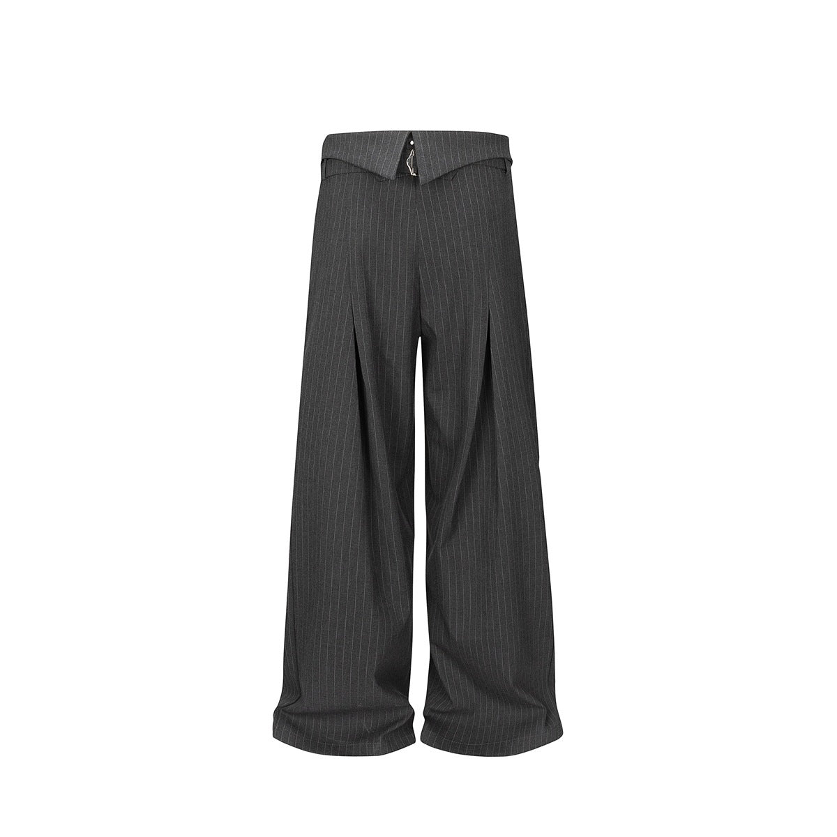 Full-length front view of charcoal pinstripe trousers with wide legs and a high waist, shown flat against a white background.