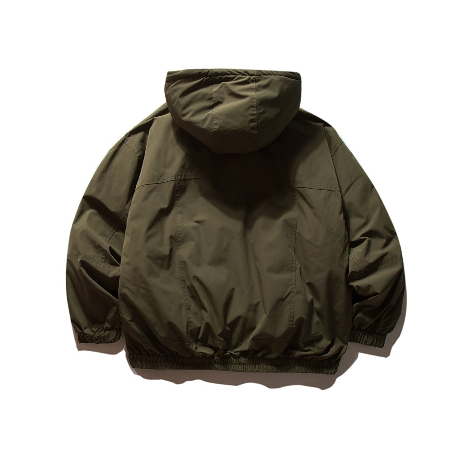 Army green hooded jacket flat lay, back view, with seam paneling, hood and elasticated cuffs and hem