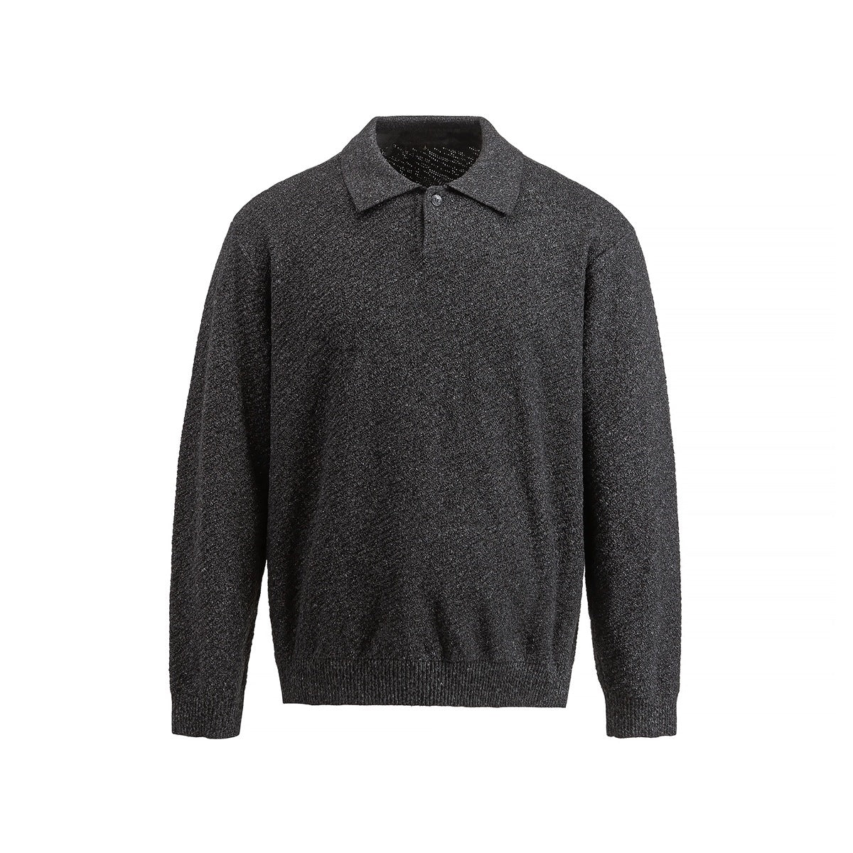 Dark charcoal long-sleeve knit polo sweater with turn-down collar, one button and ribbed cuffs and hem