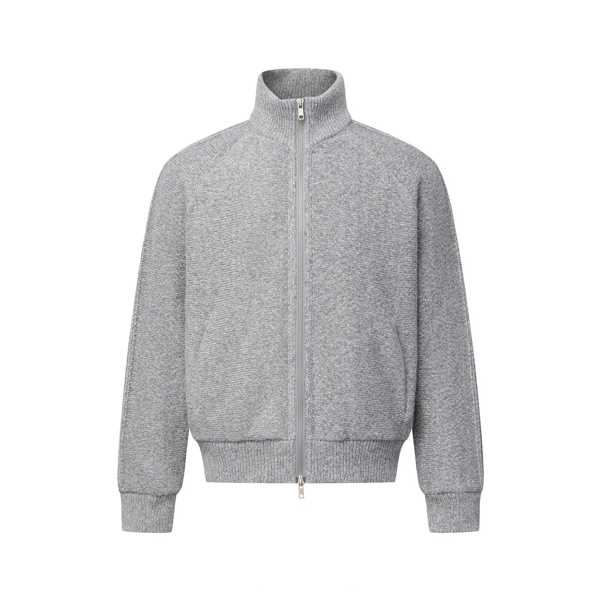 Heathered gray stand-collar zip jacket with raglan sleeves, ribbed cuffs and hem, and front pockets, flat front view