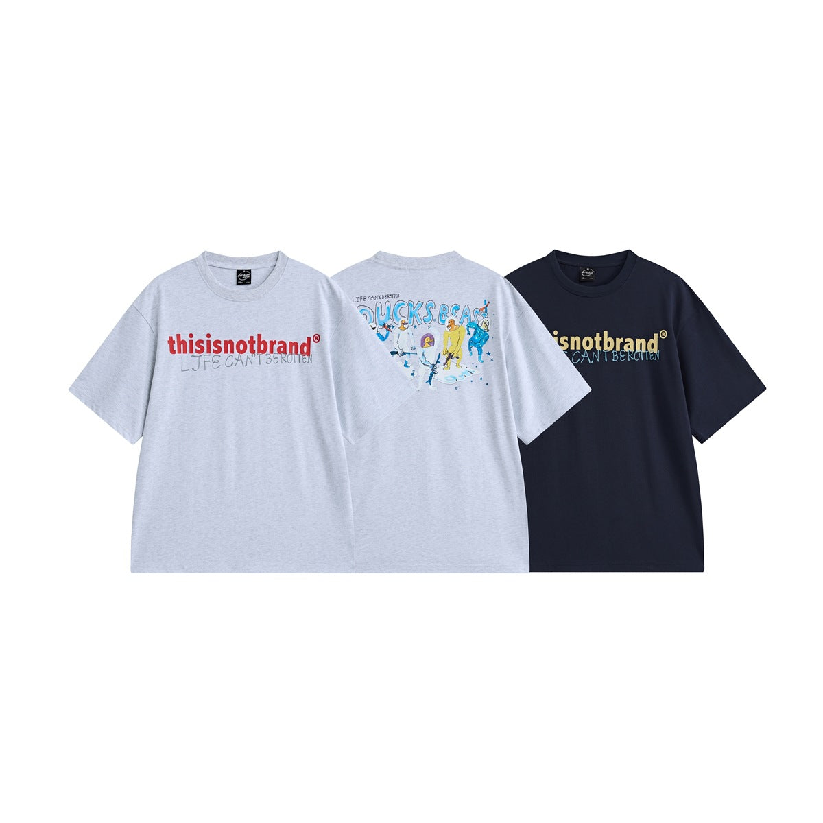 Light gray and navy short-sleeve T-shirts shown from the front, with a light gray shirt also shown from the back.