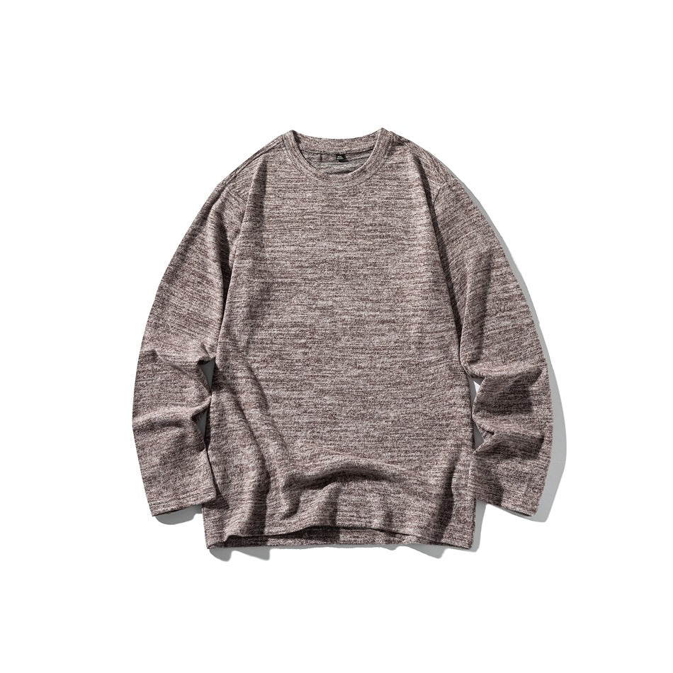 Brown heathered knit long-sleeve crew-neck top laid flat, front view