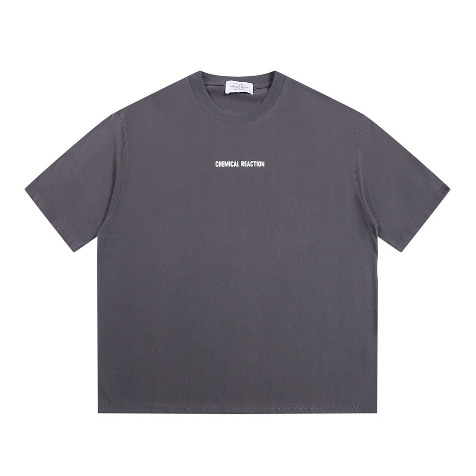 Gray crew-neck short-sleeve T-shirt with small white CHEMICAL REACTION print at center chest, flat front view