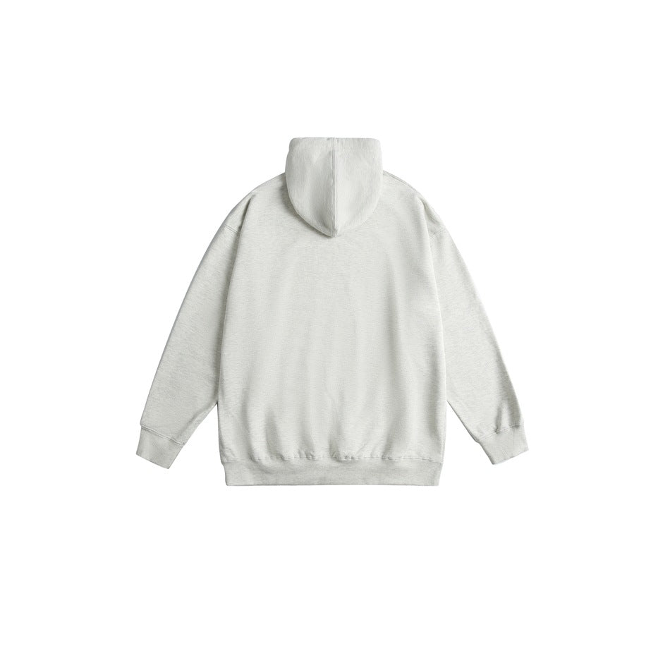 Back view of a plain light gray pullover hoodie with a hood, ribbed cuffs, and ribbed hem on white.