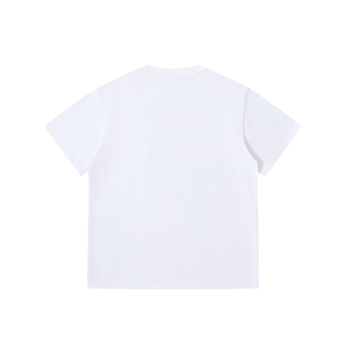 Back view of a plain white short-sleeve crew-neck T-shirt.