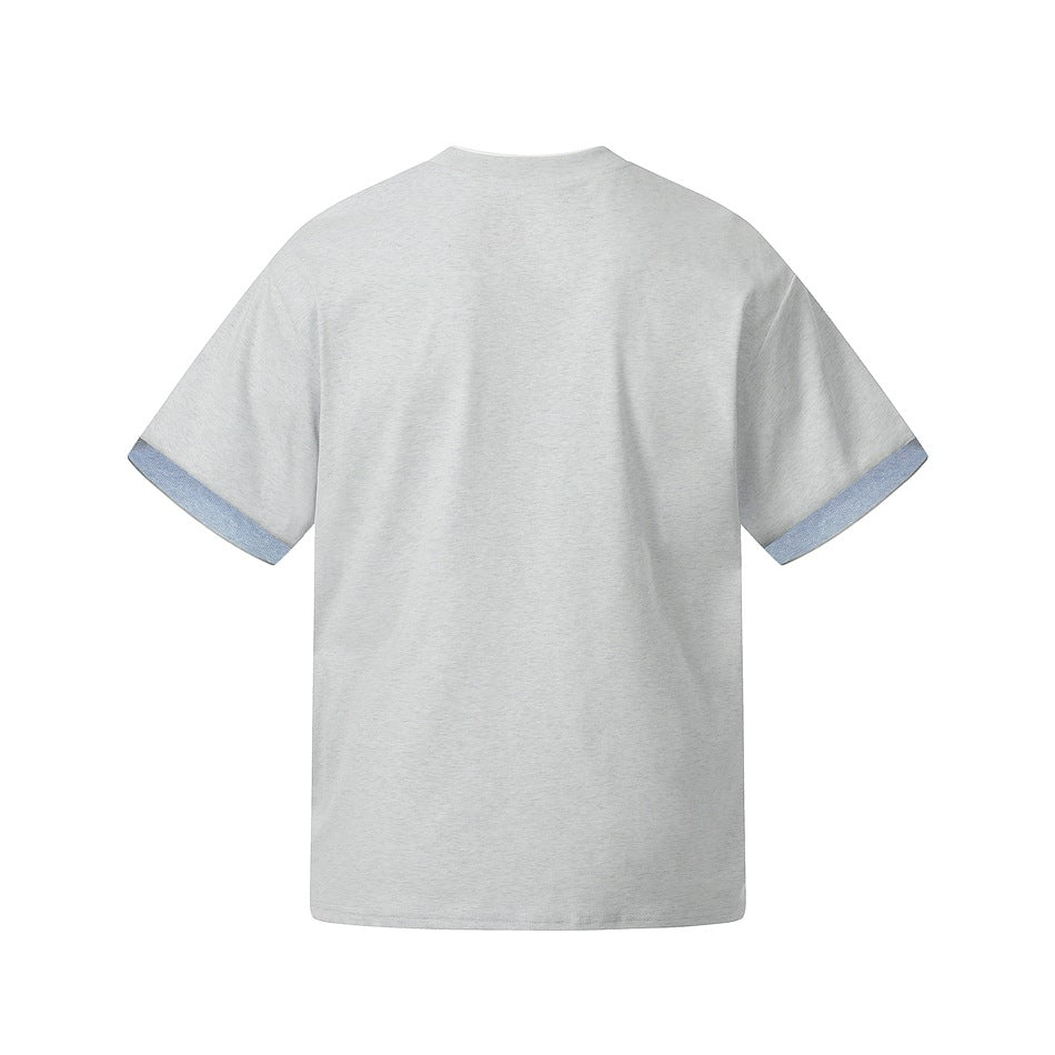 Back view of a light gray short-sleeve T-shirt with pale blue sleeve cuffs.