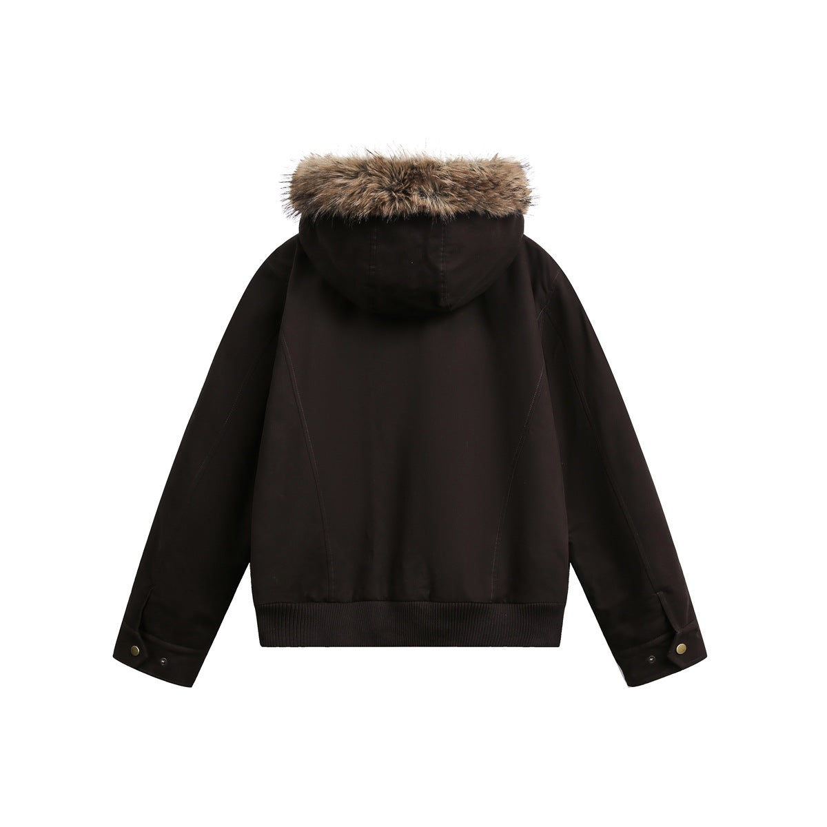 Back view of a black hooded jacket with brown fur trim, long sleeves, and a ribbed hem.