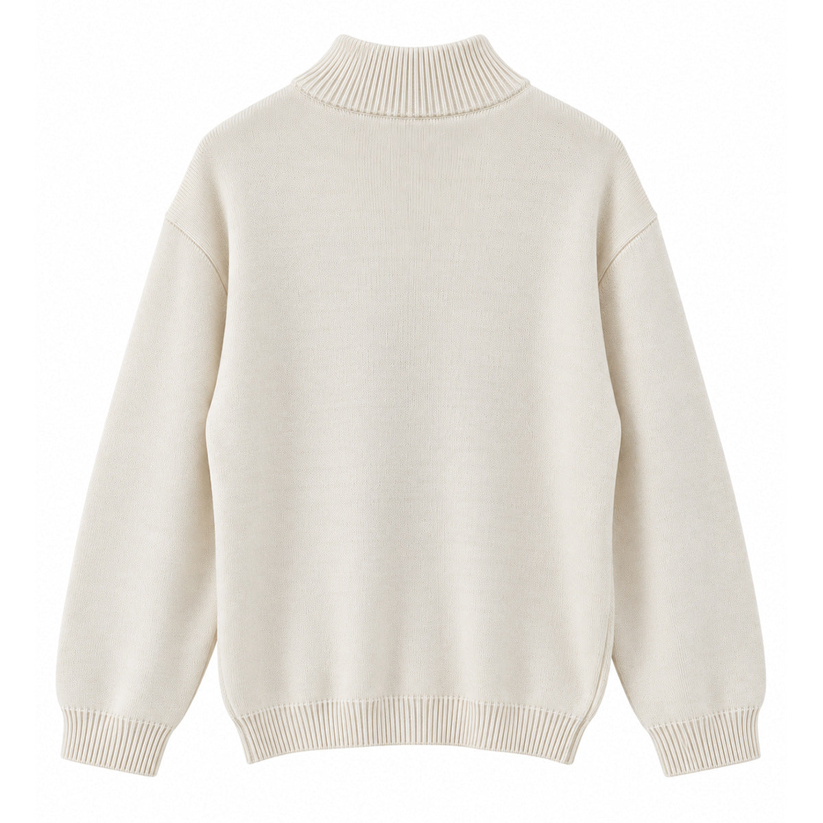 Back view of a cream sweater with a ribbed high collar, cuffs, and hem.