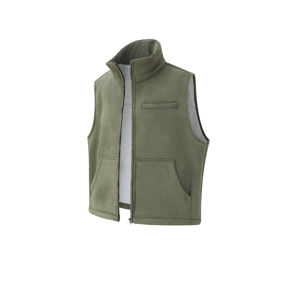 Olive green sleeveless vest with a raised collar, front zipper, chest welt pocket, and two lower pockets.