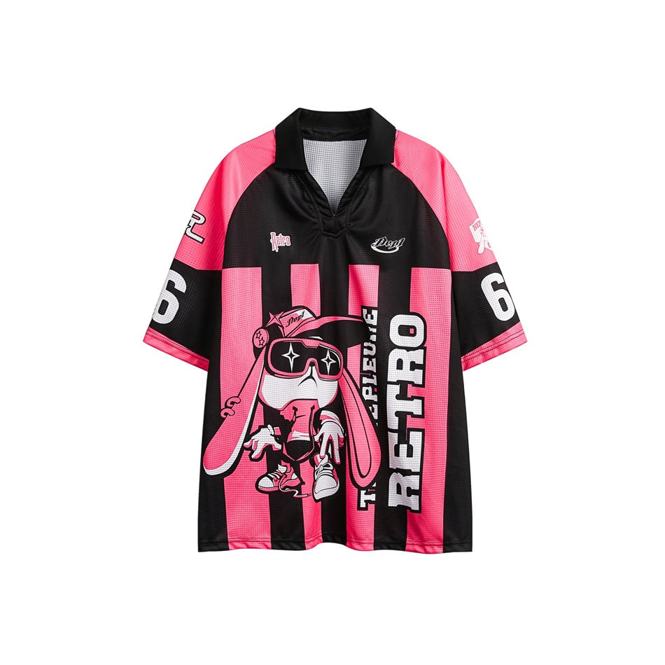 Pink and black striped short-sleeve jersey-style top with black collar, rabbit graphic and RETRO print, front view