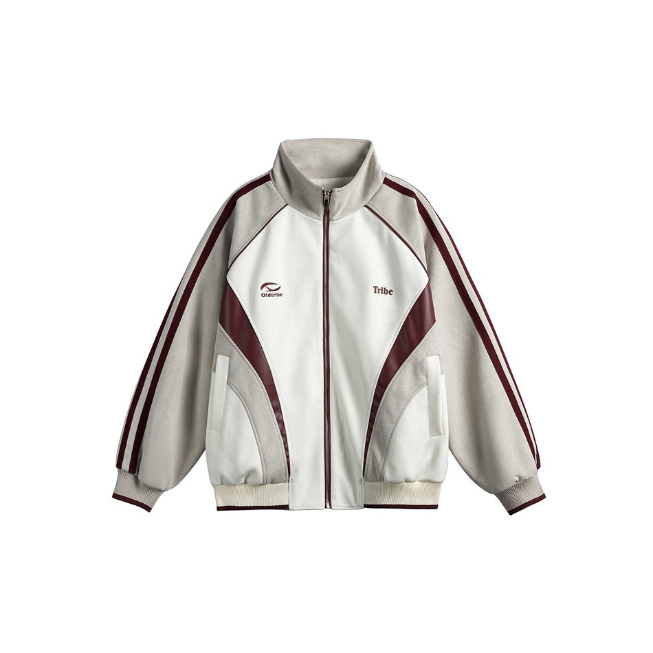Off-white and light gray zip track jacket with burgundy stripes, curved panels and a stand collar, front view