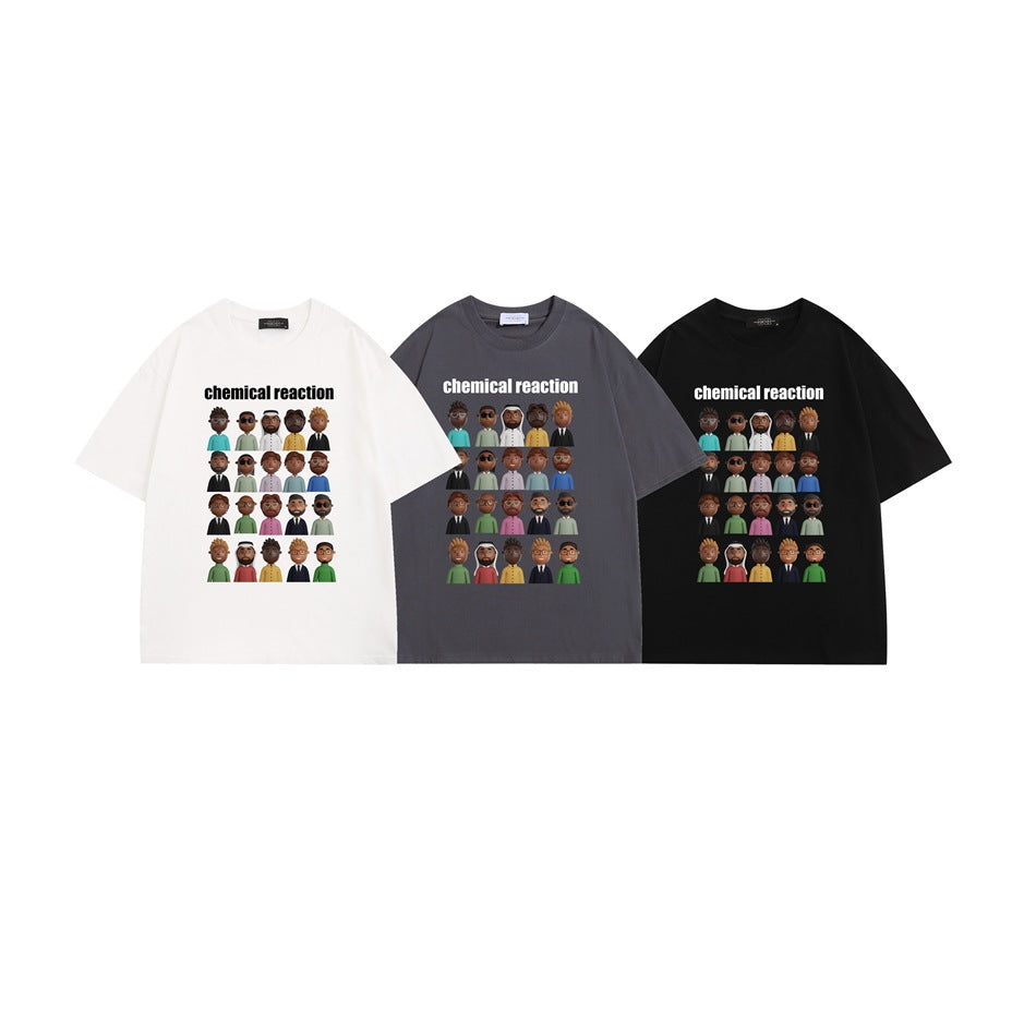 Three front-facing graphic T-shirts in white, charcoal gray, and black, each printed with text and illustrated people.