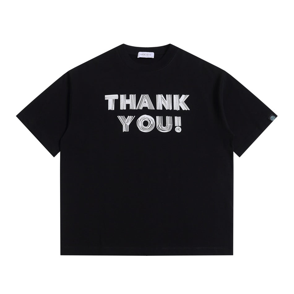 Black short-sleeve crew-neck T-shirt with white outlined THANK YOU! graphic, flat lay front view