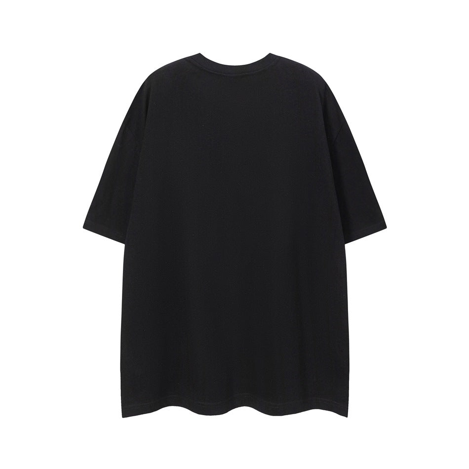 Plain black short-sleeve crew-neck T-shirt shown from the back.