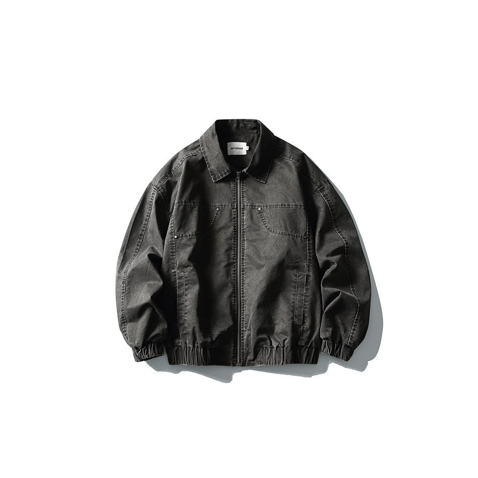 Black-gray washed zip-front jacket with collar, chest seams and elastic cuffs and hem, flat view