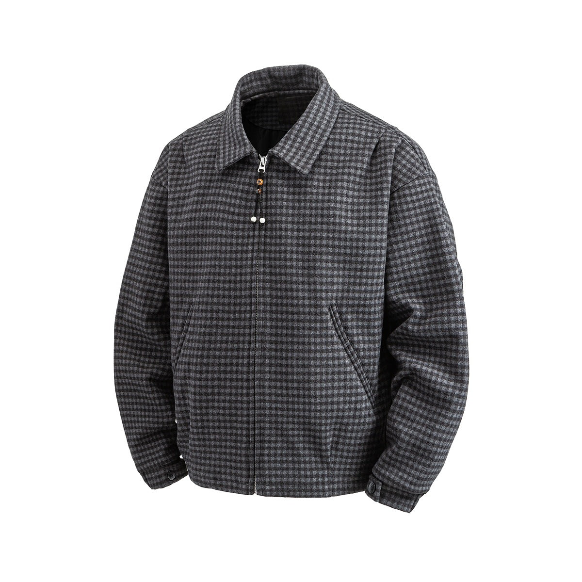 Black and charcoal small-check collared zip jacket, front view on a white background, with beaded zipper pull