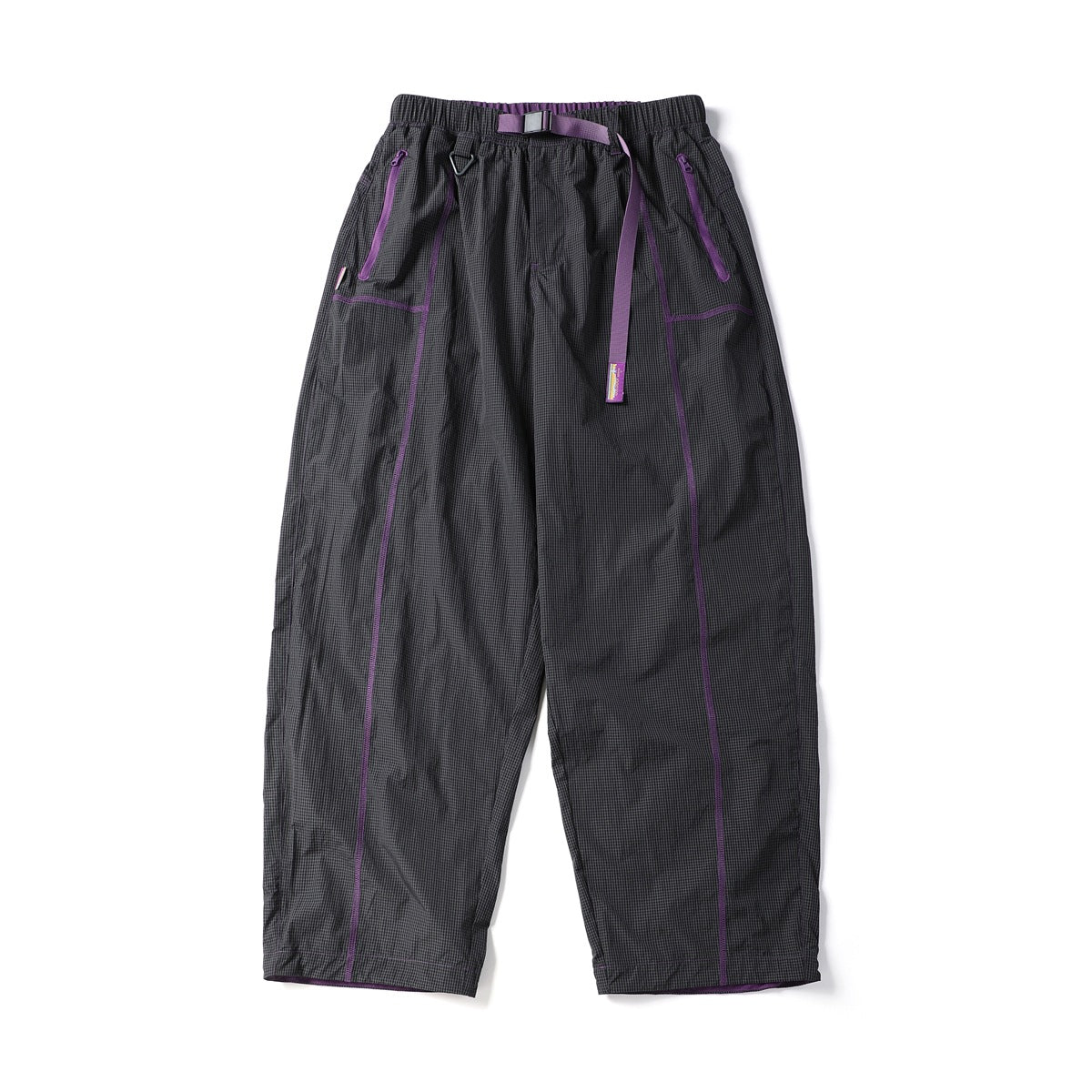 Black wide-leg pants with purple belt, zip pockets and contrast topstitching, flat lay front view