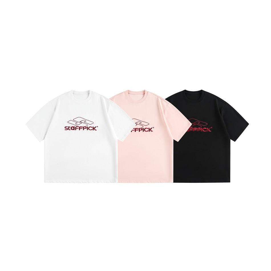 Three short-sleeve graphic T-shirts shown together in white, pale pink, and black.