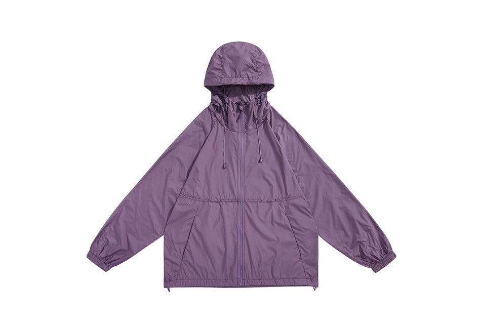 Purple hooded zip-up lightweight jacket flat lay, front view with drawcords, pockets and elastic cuffs