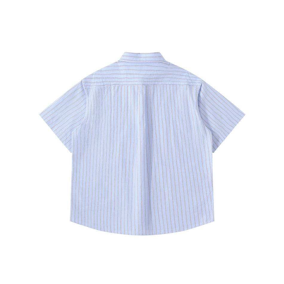 Back view of a pale blue short-sleeve shirt with thin vertical stripes and a horizontal back yoke.