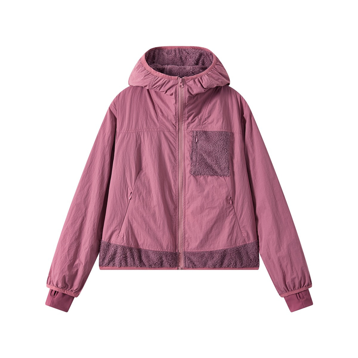 Rose pink hooded zip jacket with fleece-like chest pocket and hem panels, flat front view