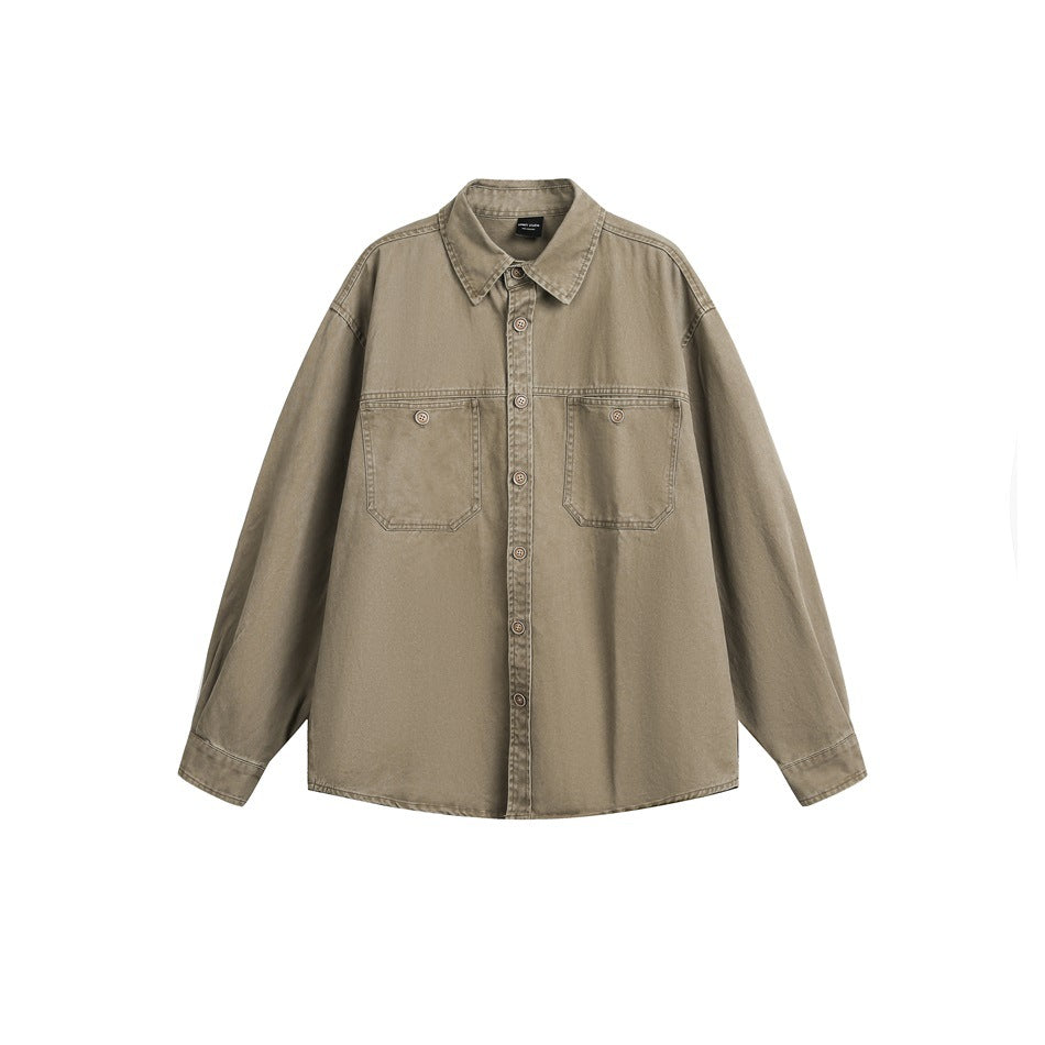 Khaki washed long-sleeve button-front shirt with two chest flap pockets and contrast stitching, flat lay on white