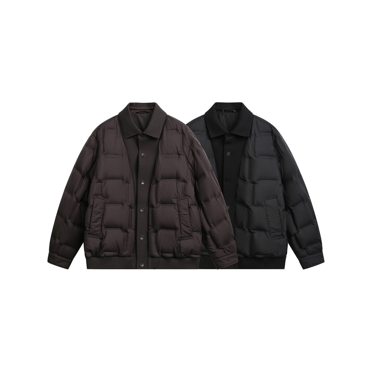 Two quilted snap-front jackets displayed side by side in dark brown and black.