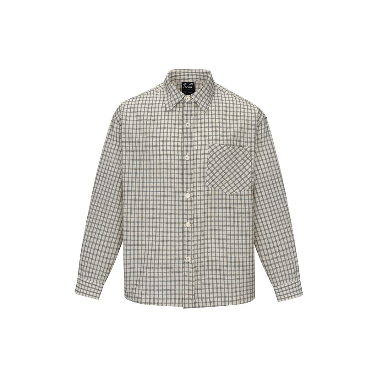 Beige and gray small-check button-up shirt with collar and chest pocket, flat front view