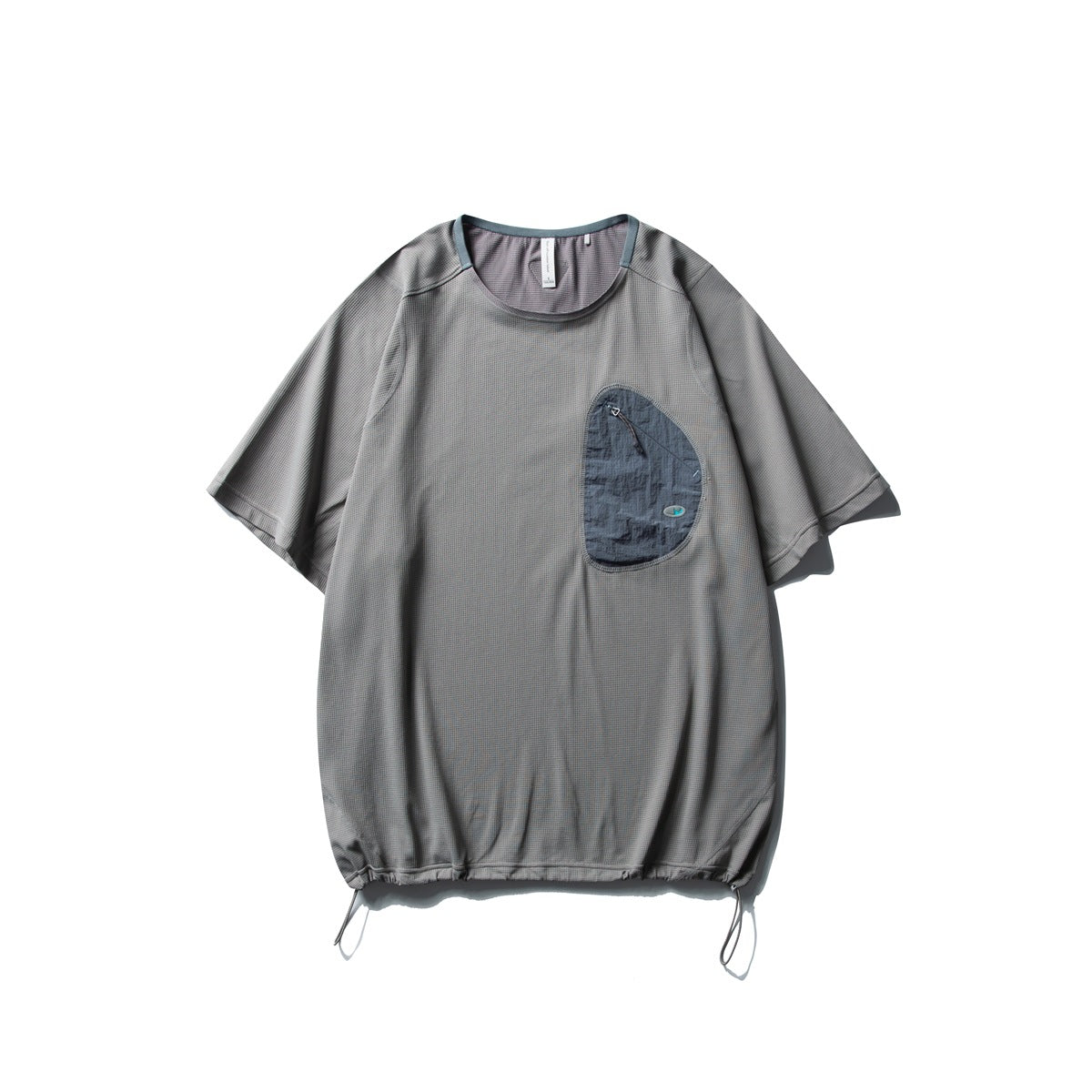 Gray short-sleeve T-shirt with blue-gray asymmetric zip chest pocket and drawcord hem