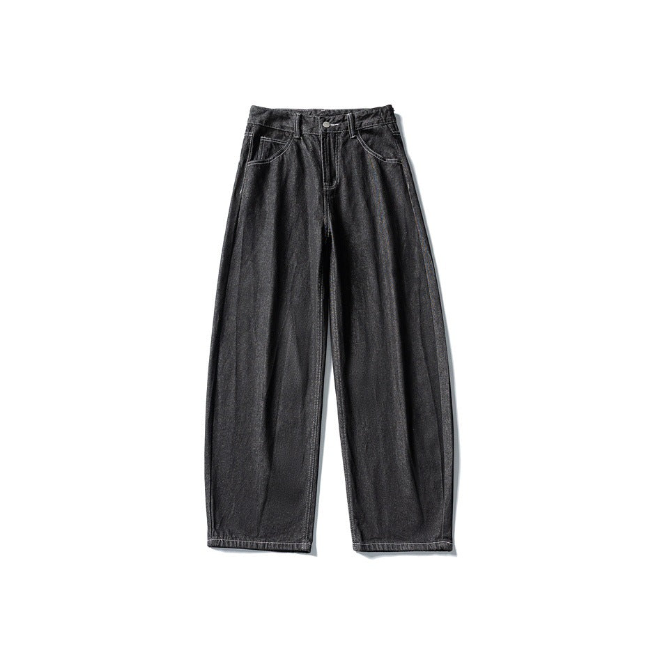 Black wide-leg barrel-shaped denim jeans, flat front view with contrast stitching and button fly