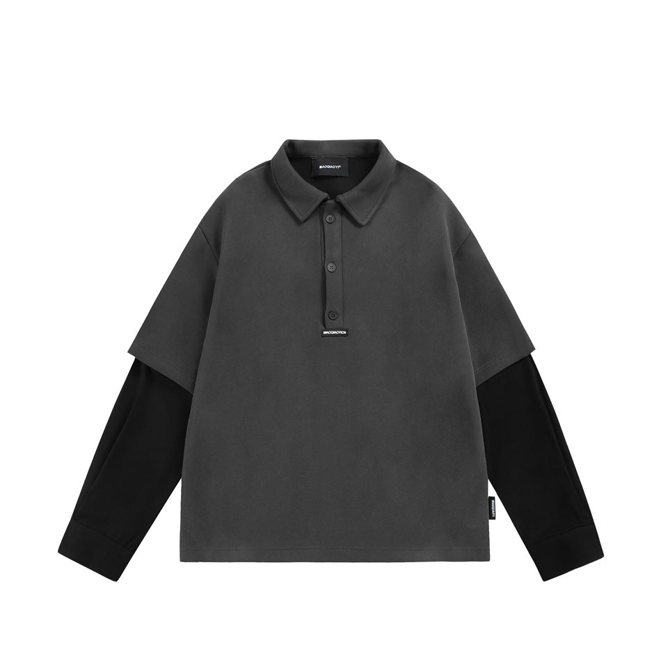 Dark gray layered polo-collar sweatshirt with black long sleeves and three-button placket, flat front view