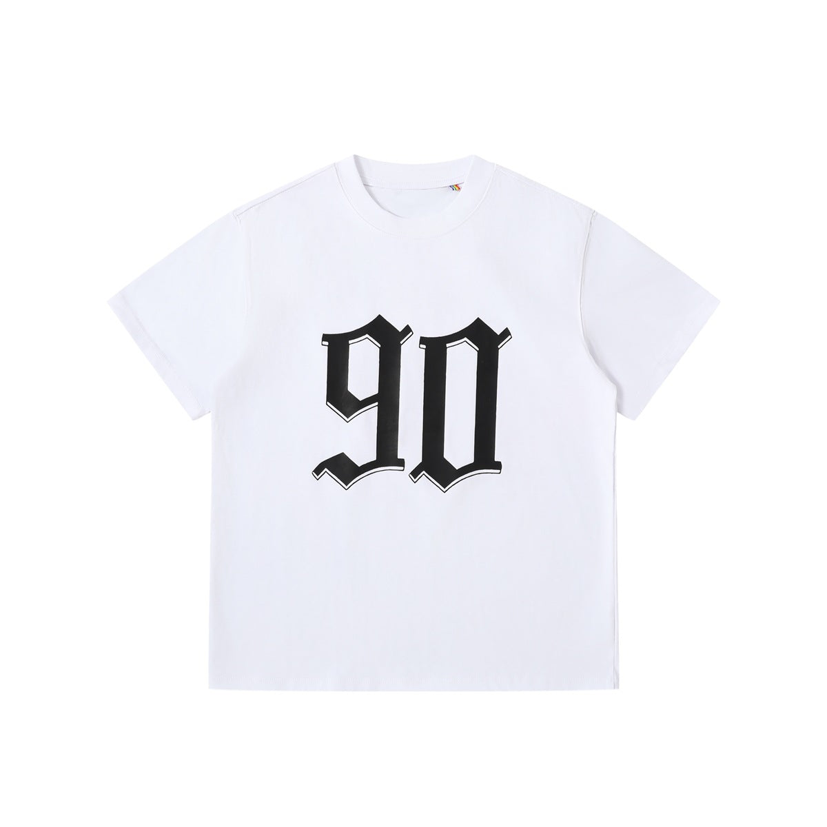 White short-sleeve crew-neck T-shirt with large black gothic-style 90 print on the chest