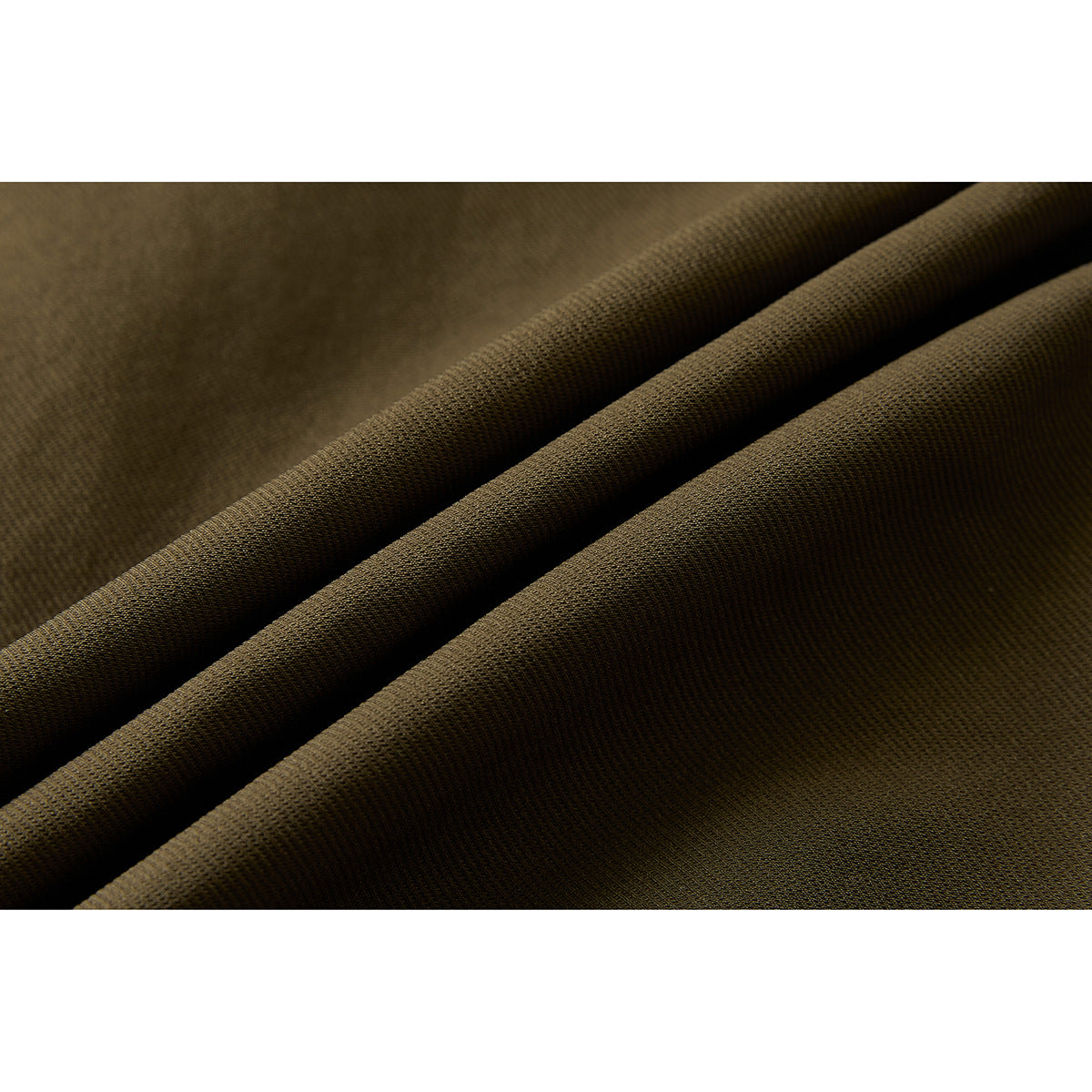 Close-up showing the textured olive-brown jacket fabric arranged in soft folds.