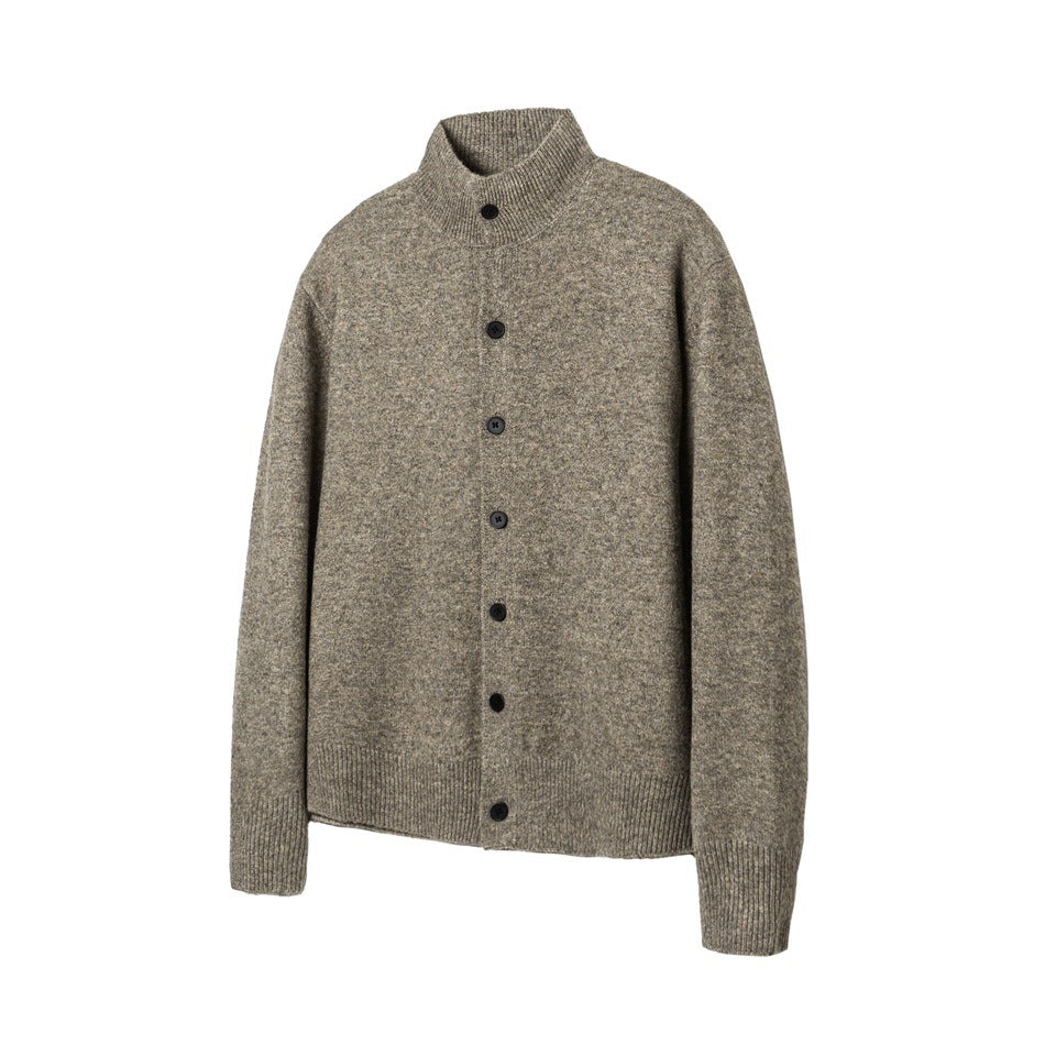 Khaki heathered knit cardigan with stand collar and black buttons, flat view