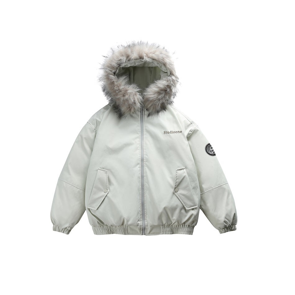 Light green zip-front hooded jacket with fur-style hood trim, snap-flap pockets and elastic cuffs, flat front view
