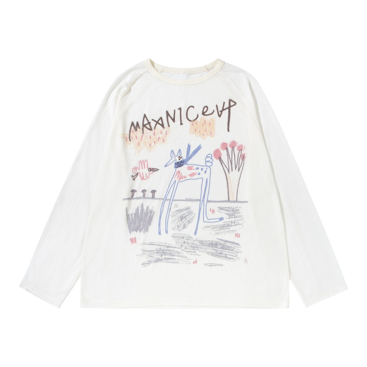 Off-white long-sleeve raglan crew-neck tee with crayon-style animal, bird and tree graphic, flat lay front view