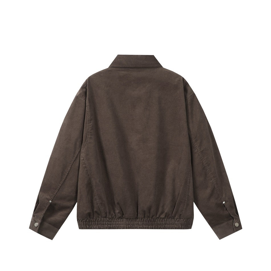 Back view of a dark brown jacket with a stand collar, long sleeves, button cuffs, and an elasticated hem.