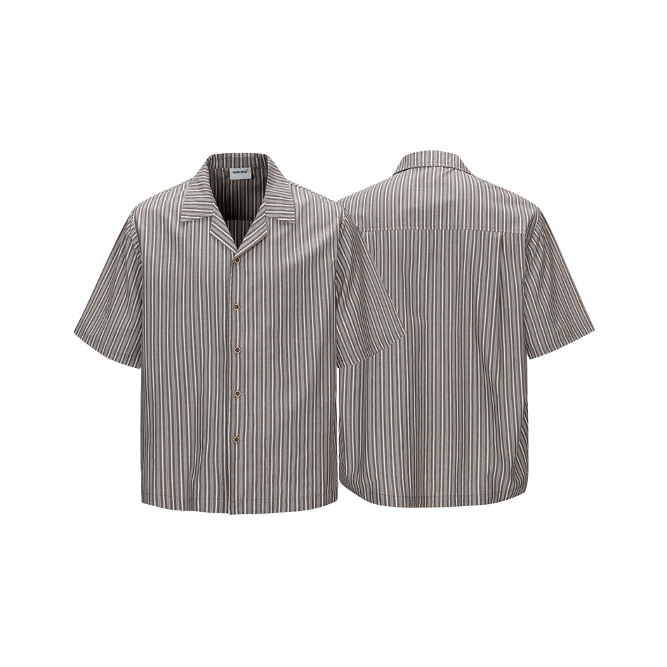 Front and back views of a brown, gray and white vertically striped short-sleeve button-up shirt with a camp collar.